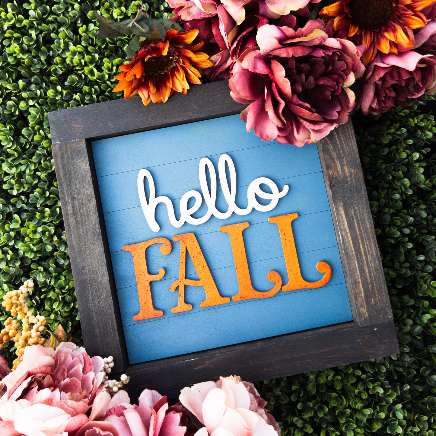 Fall porch decor tile with hello fall lettering in white and speckled orange | Millie & Co.