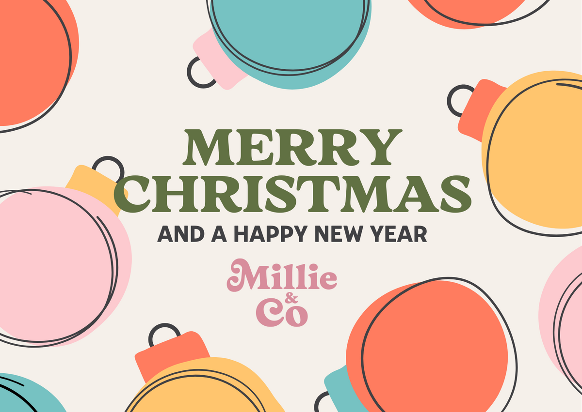 Gift card with Merry Christmas and a Happy New Year lettering over colorful ornaments | Millie & Co.