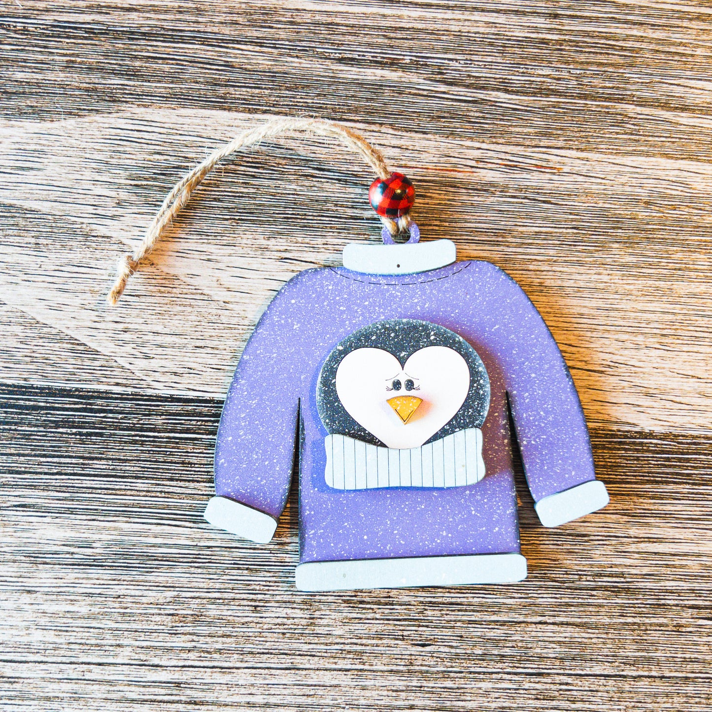 hand-painted purple sweater ornament with penguin and heart charm - Millie & Co.