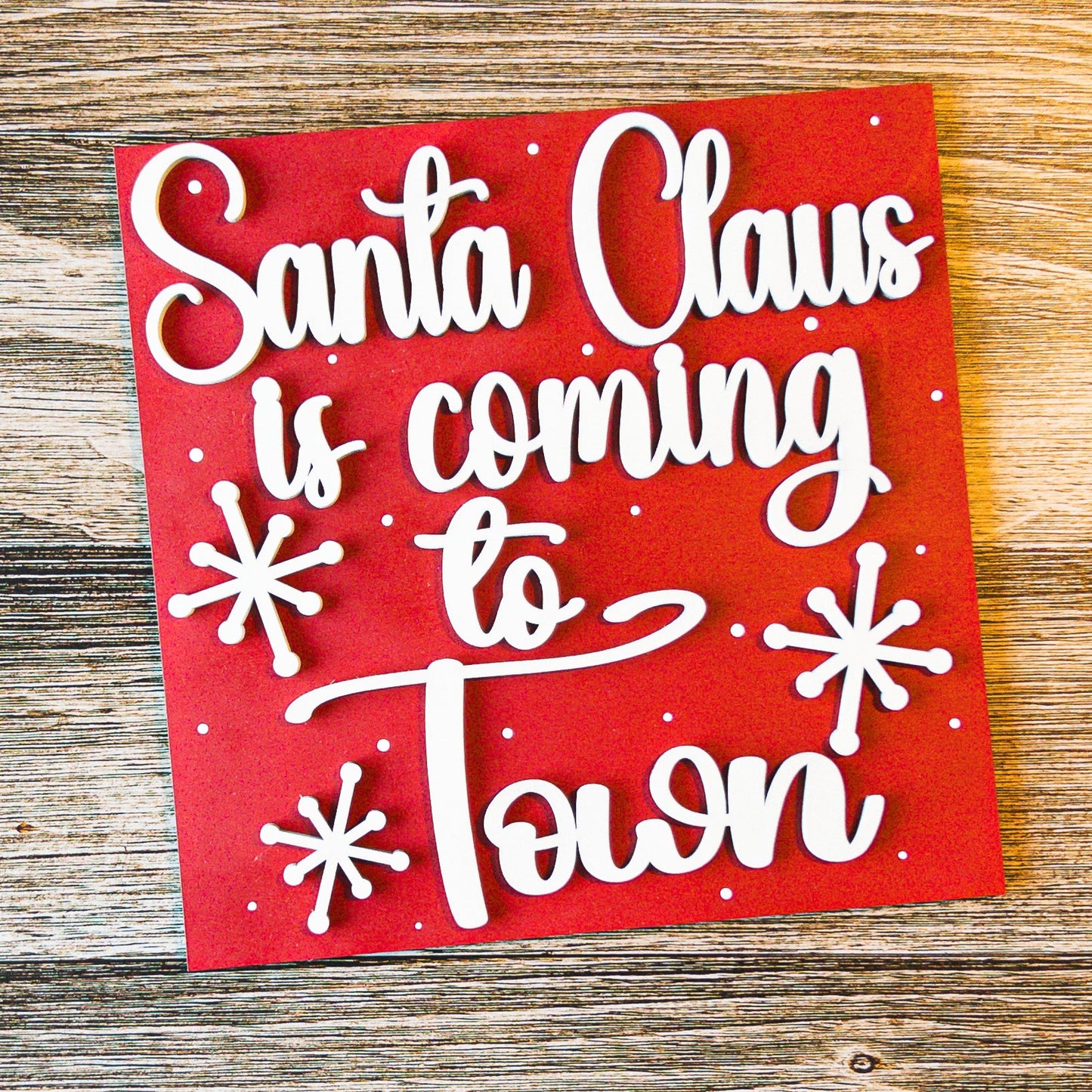 hand-painted interchangeable Christmas tile with red Santa Claus Is Coming to Town lettering - Millie & Co.