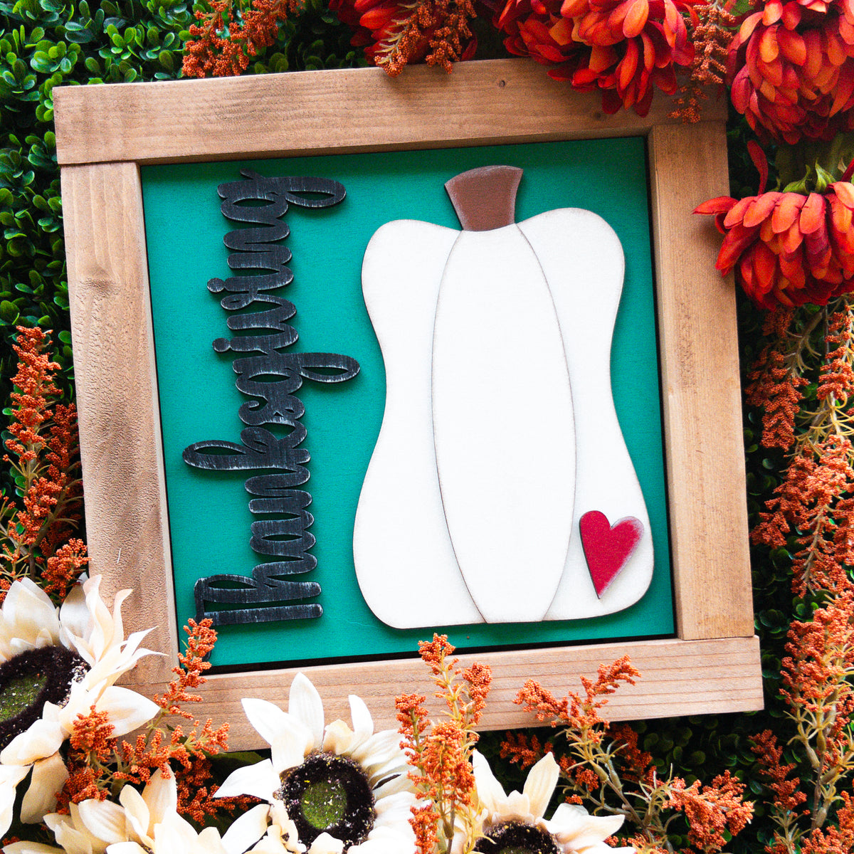 Interchangeable Thanksgiving porch decor tile with a white pumpkin, red heart, and Thanksgiving script on sage green in a stained wood frame | Millie & Co.