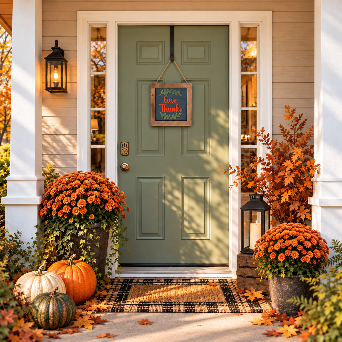 Walnut interchangeable porch decor frame with a Give Thanks tile hanging by its rope on a green front door with fall mums and pumpkins | Millie & Co.