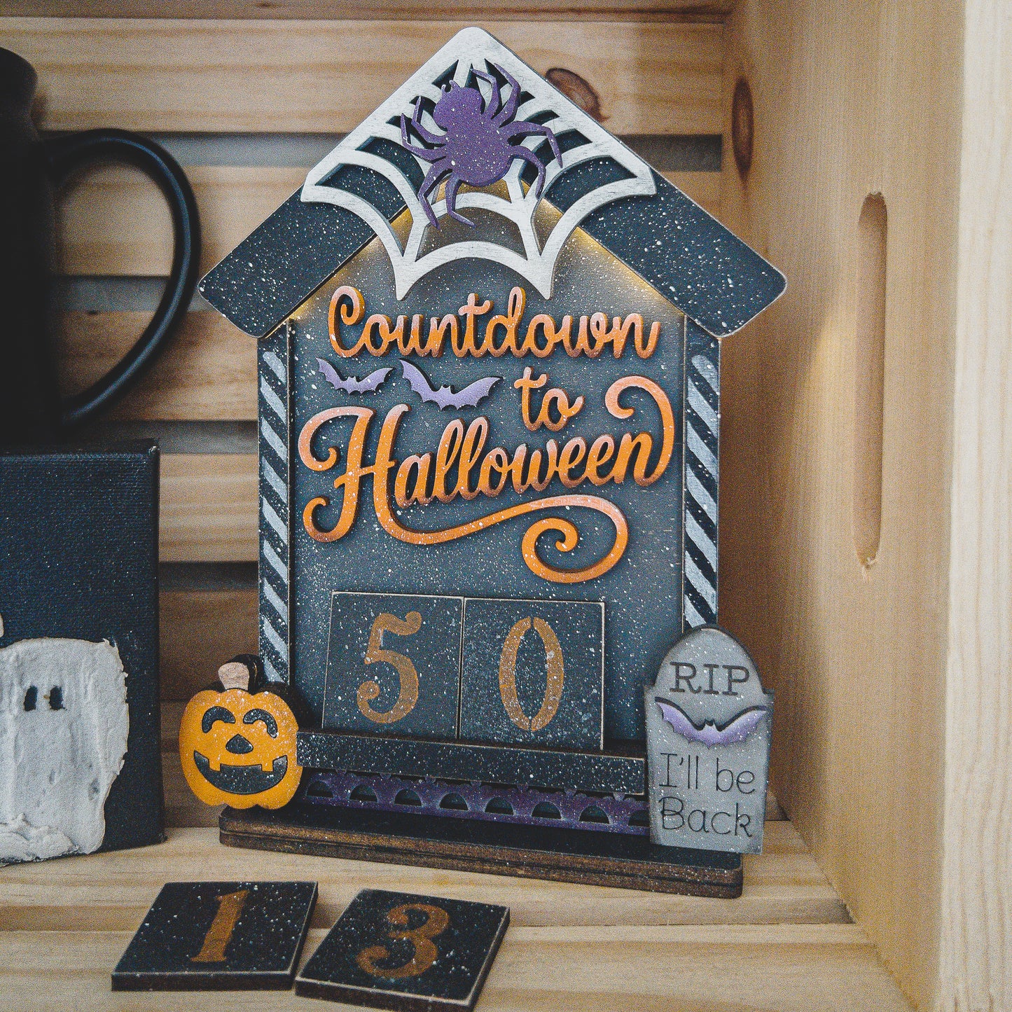 Finished Halloween countdown shelf sitter, 10 inch lighted house with swappable numbers, Millie & Co.