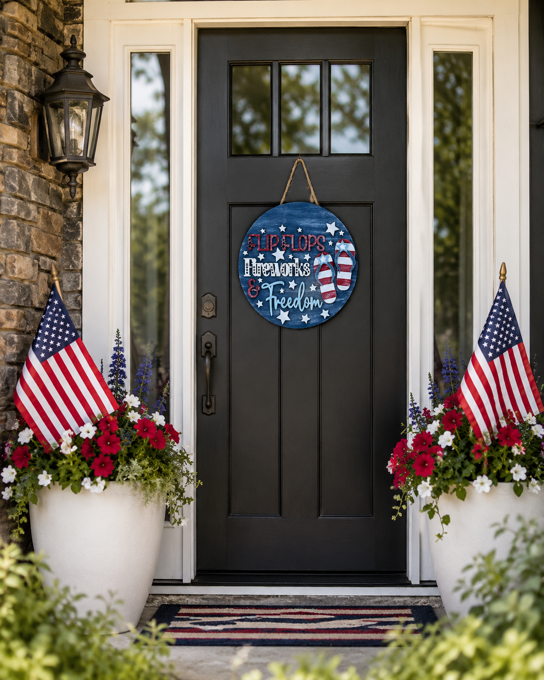 Flip Flops Fireworks and Freedom door round hanging on a black front door between American flags and red, white, and