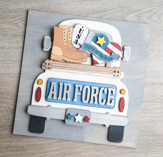 Patriotic porch decor tile of an Air Force military truck in sky blue and white — Millie & Co.