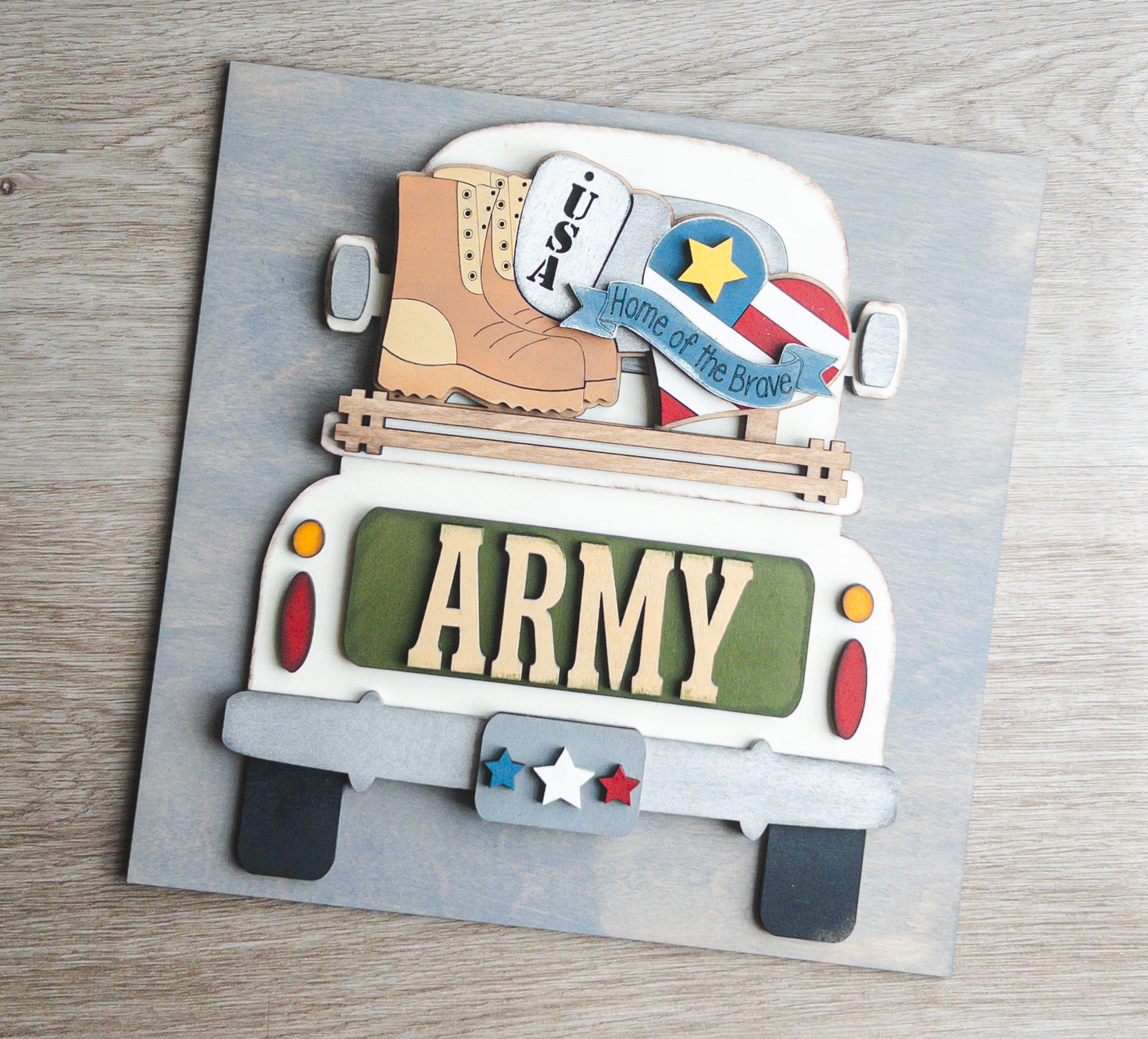 Patriotic porch decor tile of an Army military truck in army green and gold — Millie & Co.