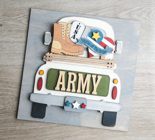 Patriotic porch decor tile of an Army military truck in army green and gold — Millie & Co.