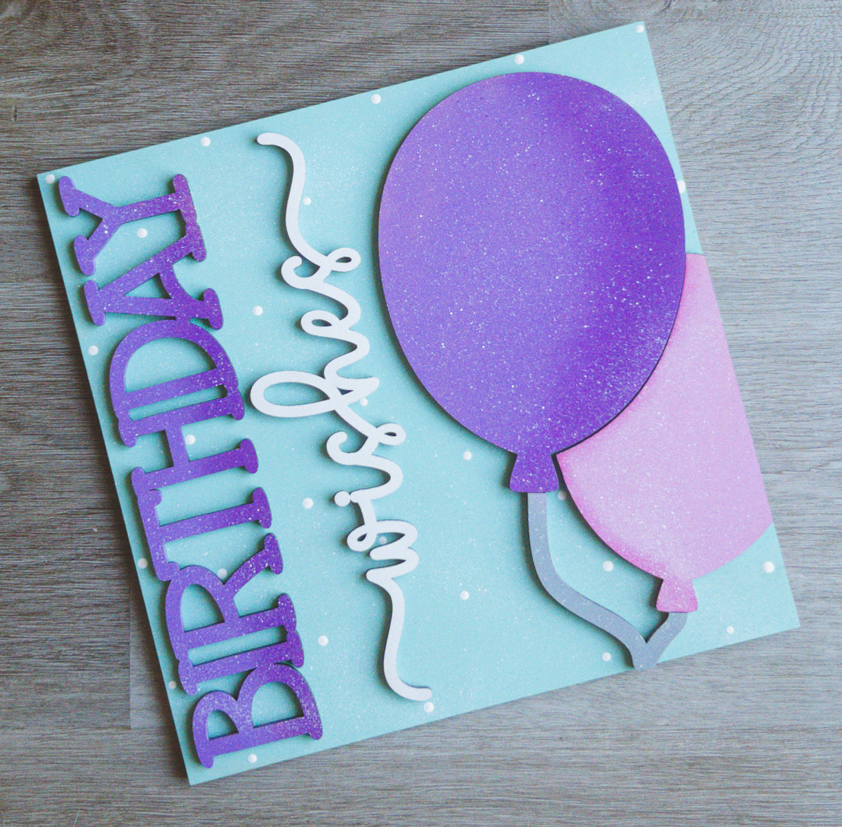 Interchangeable birthday porch decor tile with Birthday Wishes lettering and purple balloons | Millie & Co.