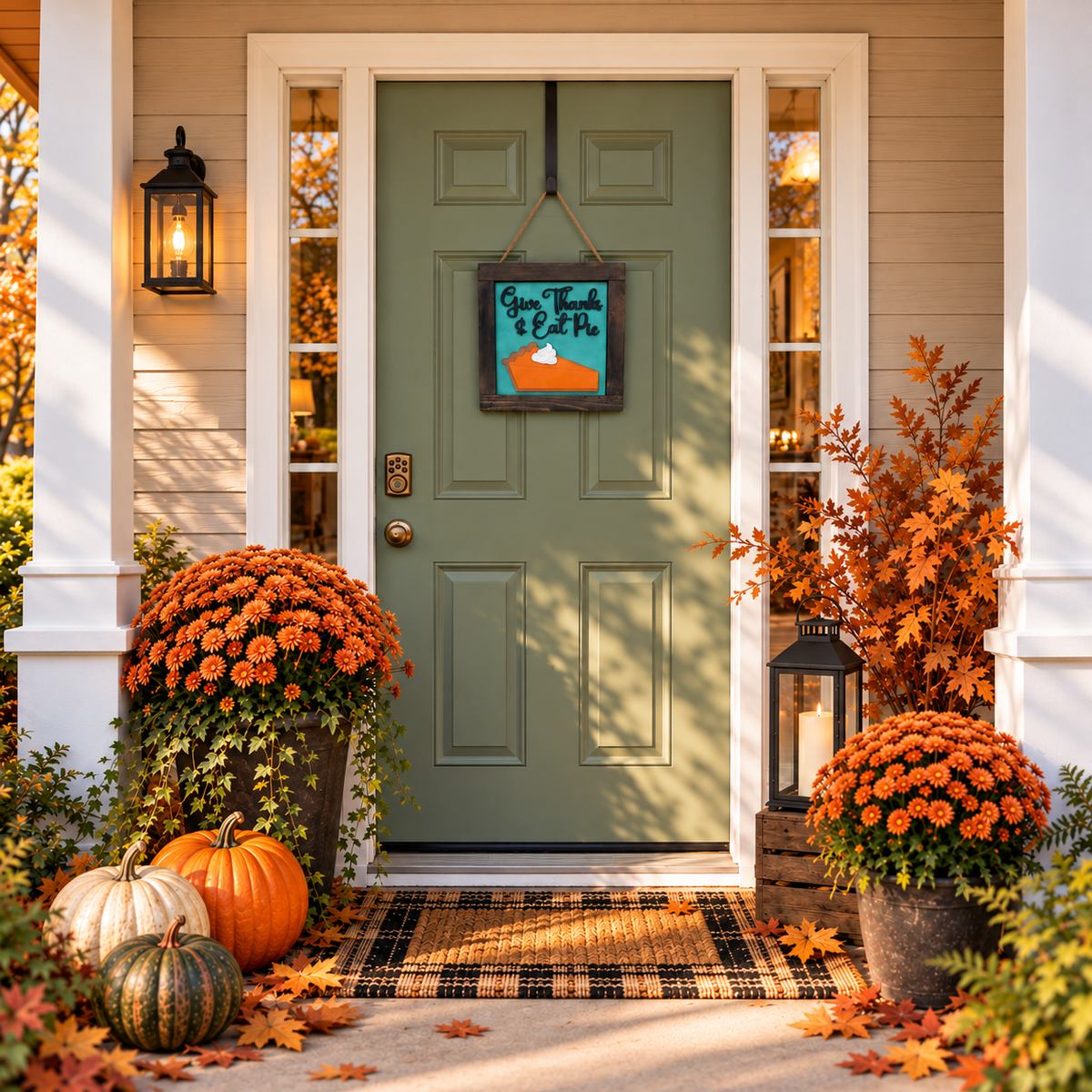 Black interchangeable porch decor frame with a Give Thanks and Eat Pie tile hanging by its rope on a green front door with fall mums and pumpkins | Millie & Co.