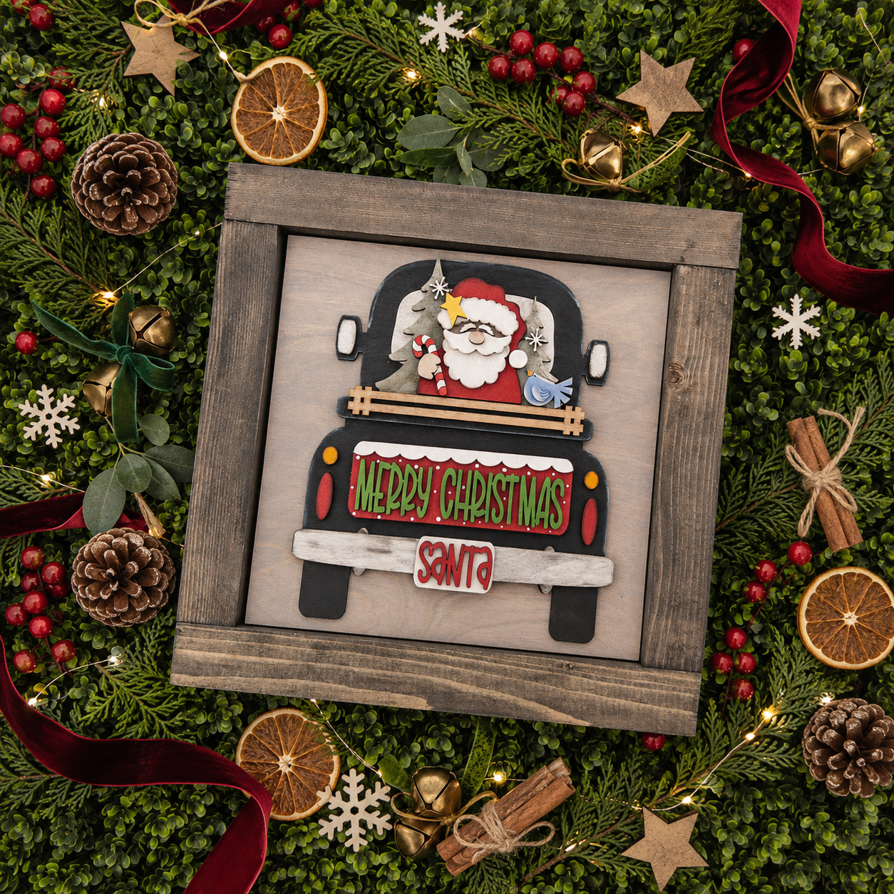 Christmas porch decor tile featuring Santa driving a truck with a Merry Christmas banner, Millie & Co.
