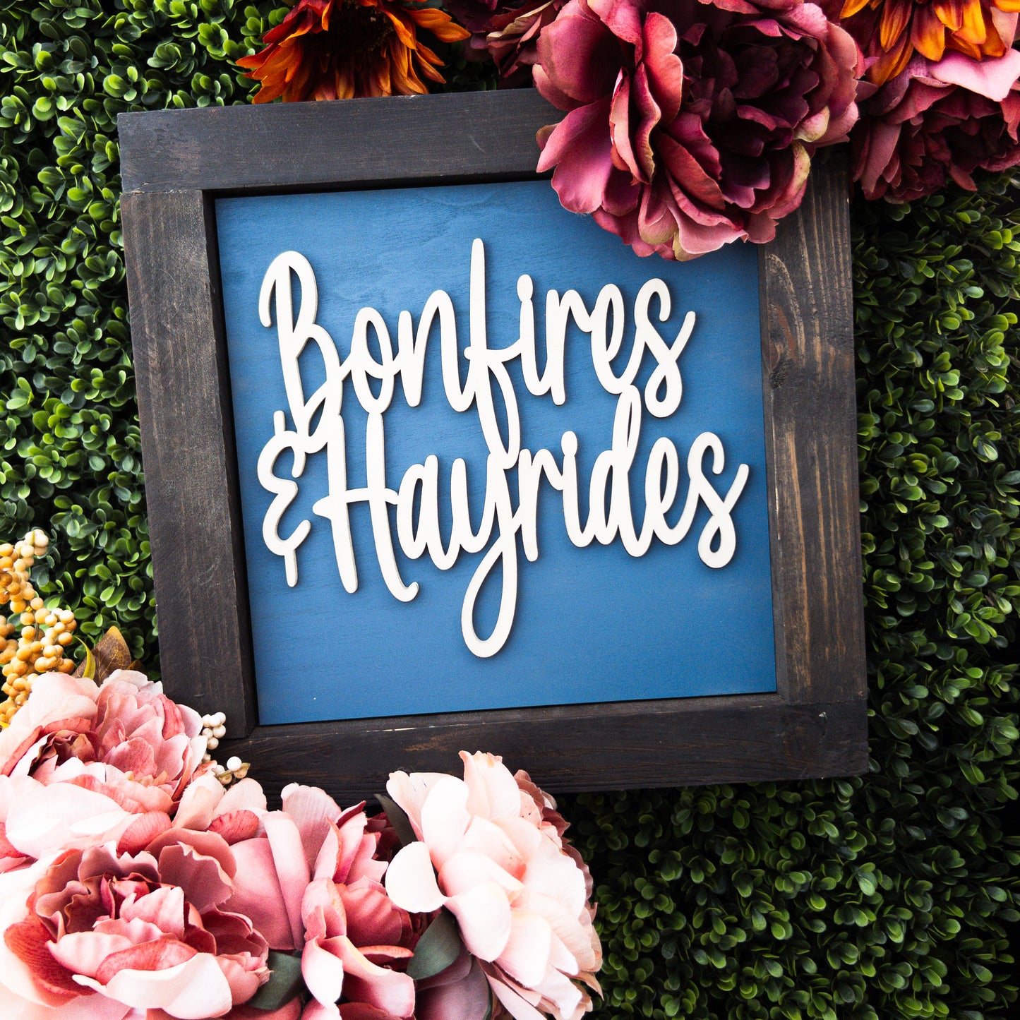 Fall porch decor tile with Bonfires and Hayrides script on blue | Millie & Co.