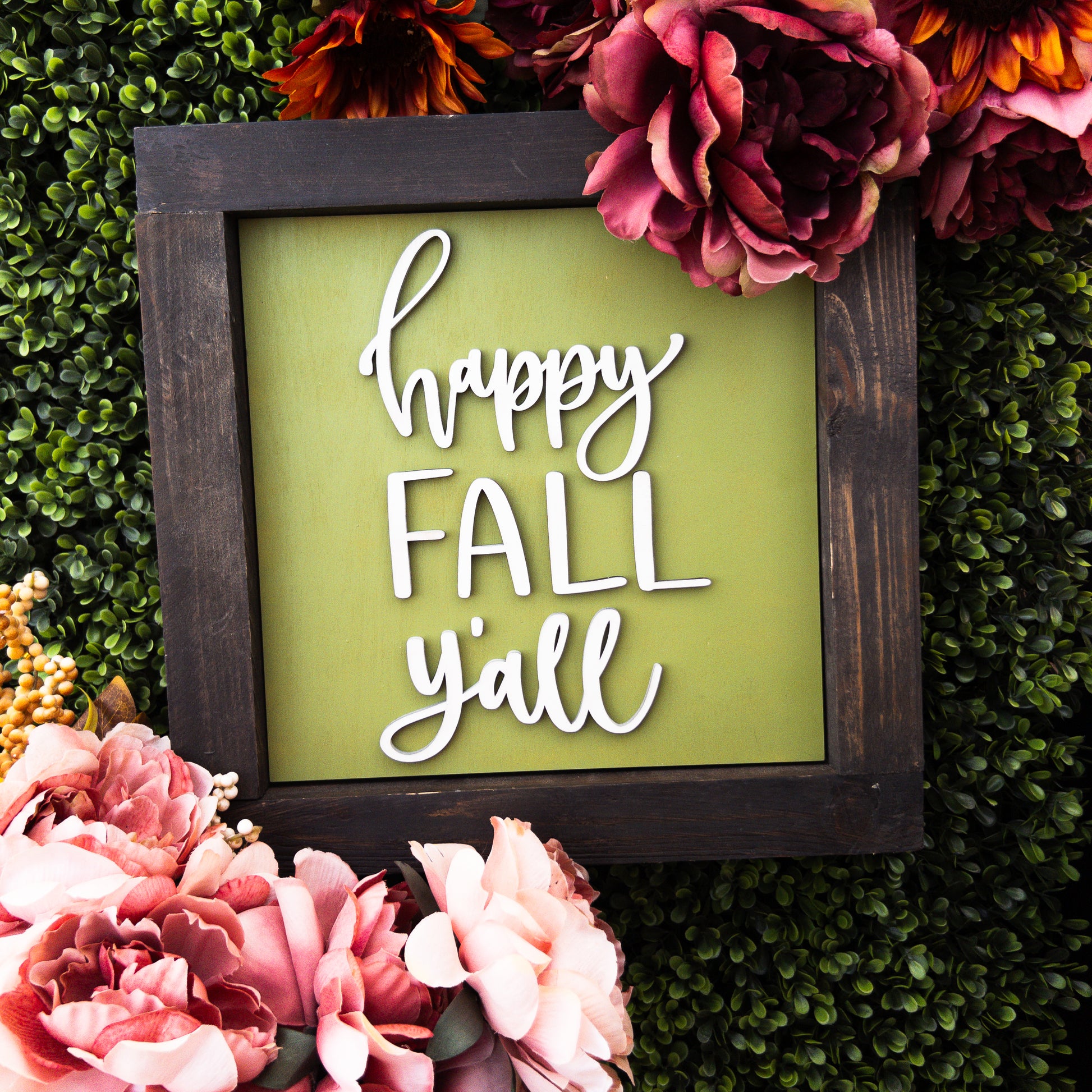 Fall porch decor tile with happy fall y'all script on olive green | Millie & Co.