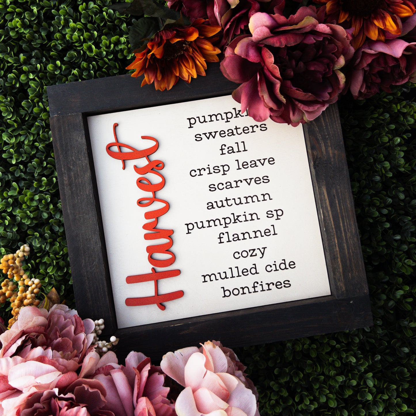 Fall porch decor tile with Harvest script and cozy autumn word list | Millie & Co.