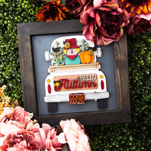 Fall porch decor tile with Hello Autumn truck, scarecrow, and pumpkins | Millie & Co.