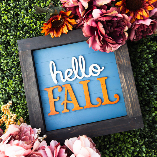 Fall porch decor tile with hello fall lettering in white and speckled orange | Millie & Co.