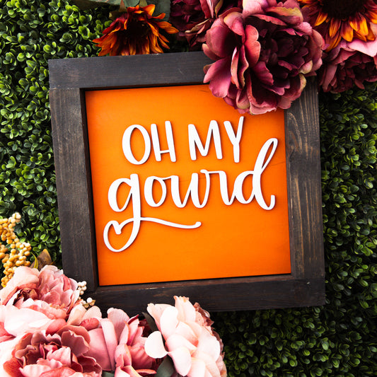 Fall porch decor tile with Oh My Gourd script on orange | Millie & Co.