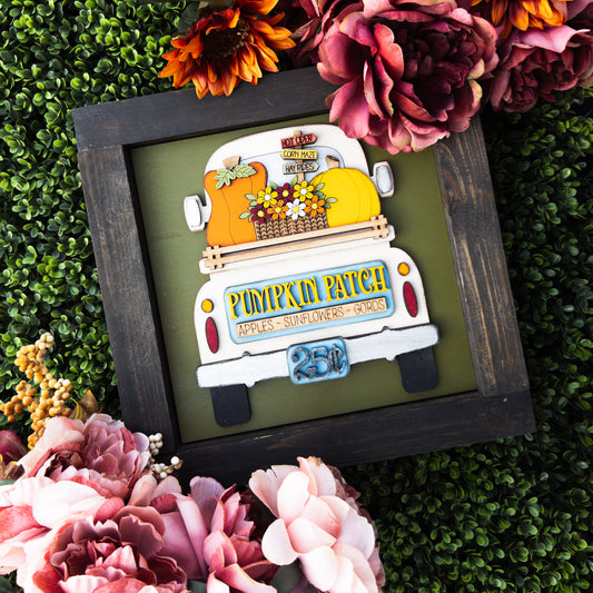 Fall porch decor tile with vintage pumpkin patch truck and farm stand signage | Millie & Co.