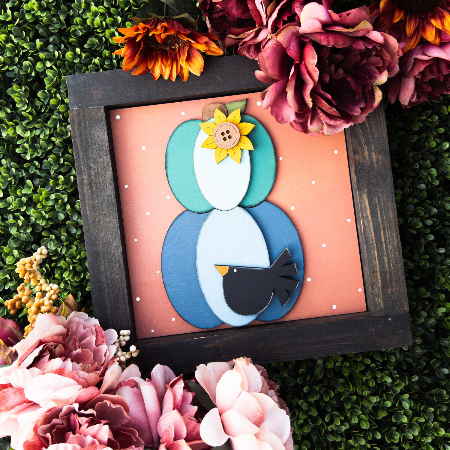 Fall porch decor tile with teal and blue stacked pumpkins, sunflower, and blackbird | Millie & Co.