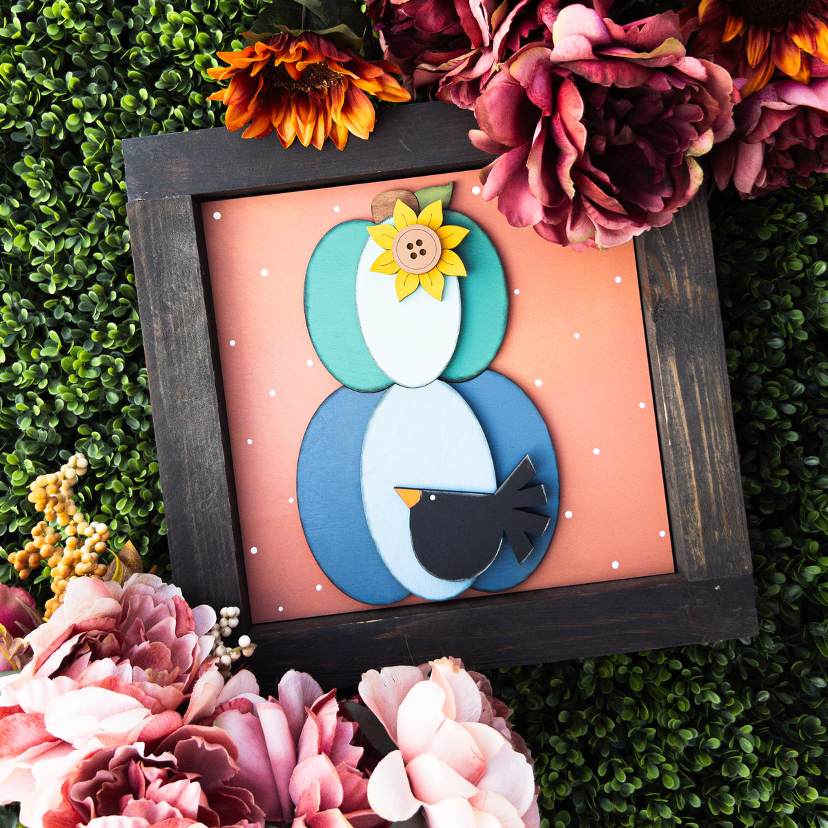 Fall porch decor tile with teal and blue stacked pumpkins, sunflower, and blackbird | Millie & Co.