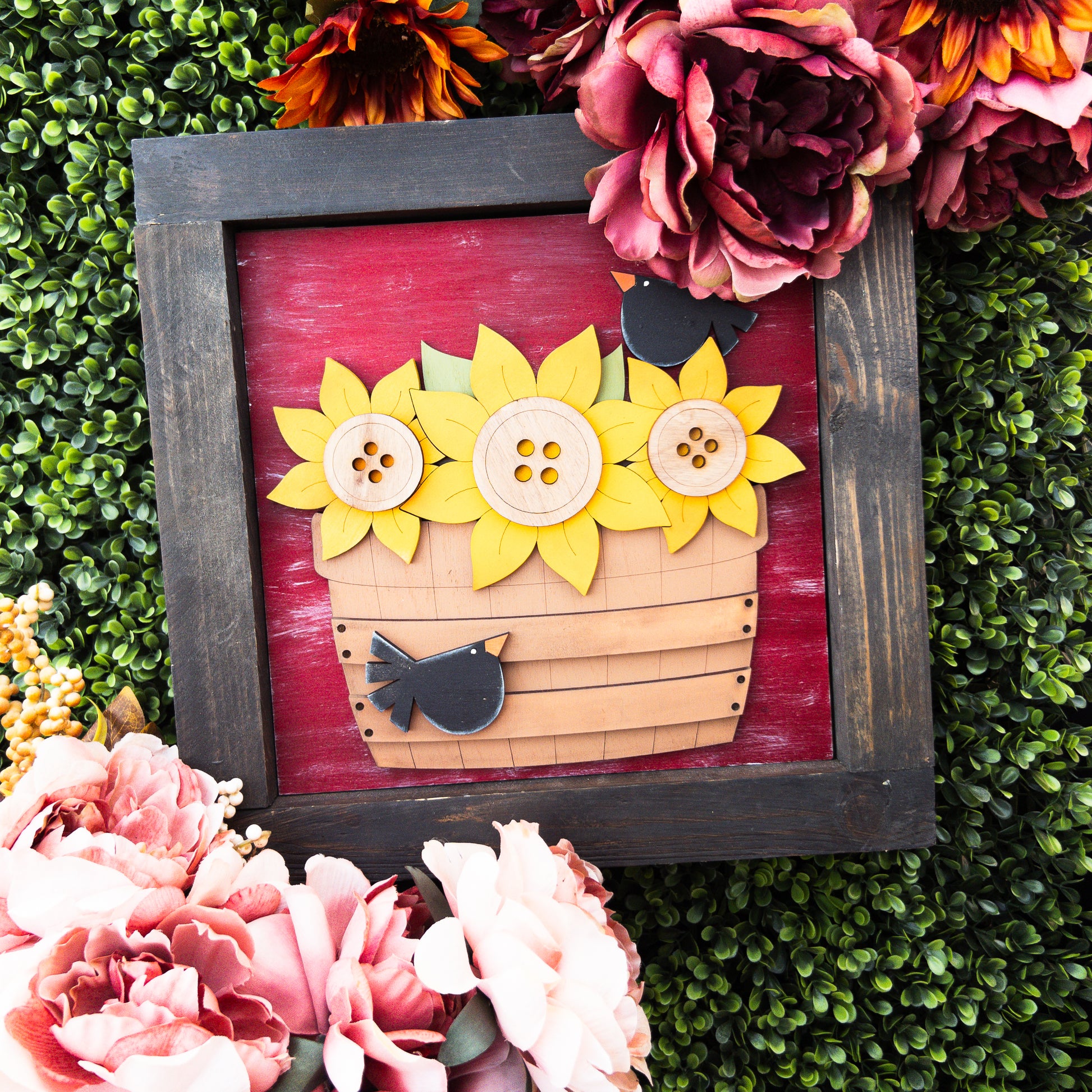 Fall porch decor tile with sunflower basket and two blackbirds | Millie & Co.