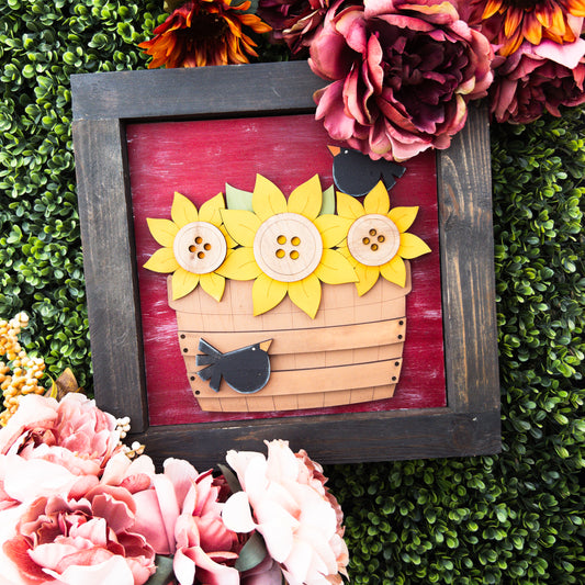 Fall porch decor tile with sunflower basket and two blackbirds | Millie & Co.
