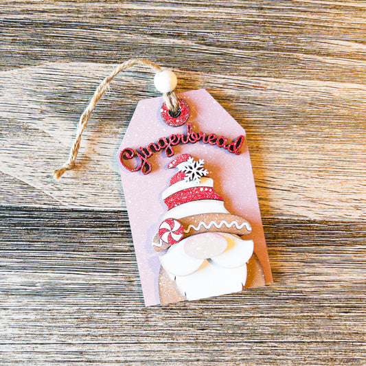 hand-painted Gingerbread Gnome tag ornament with peppermint and sparkle detail - Millie & Co.