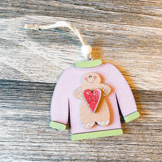 hand-painted pink sweater ornament with gingerbread cookie and glitter heart - Millie & Co.