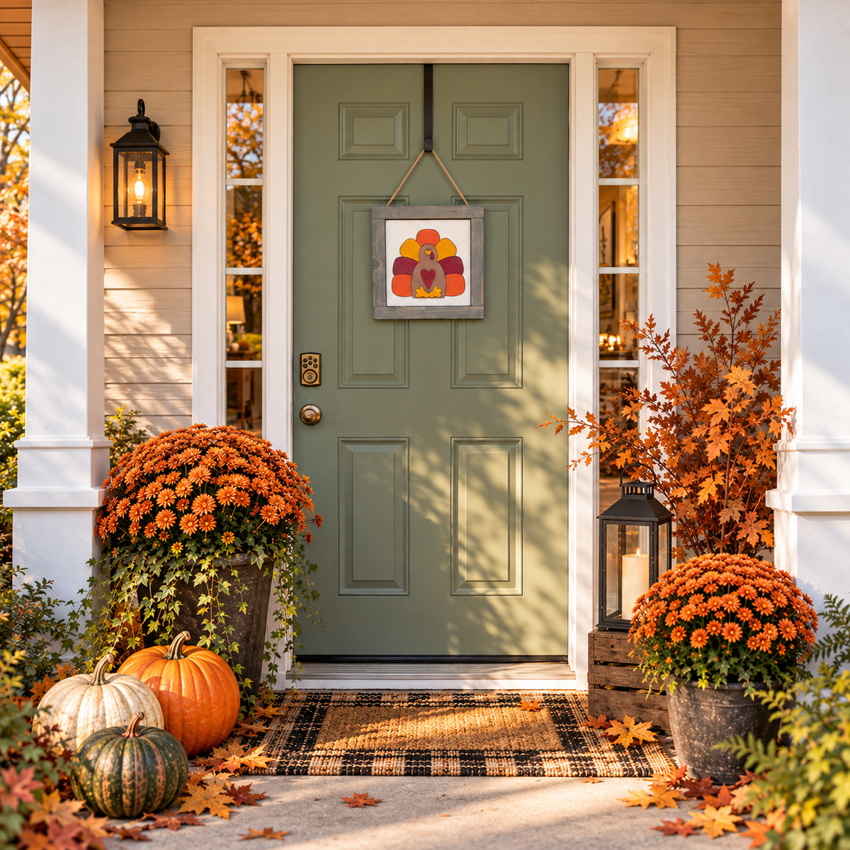Grey interchangeable porch decor frame with a hand-painted turkey tile hanging by its rope on a green front door with fall mums and pumpkins | Millie & Co.