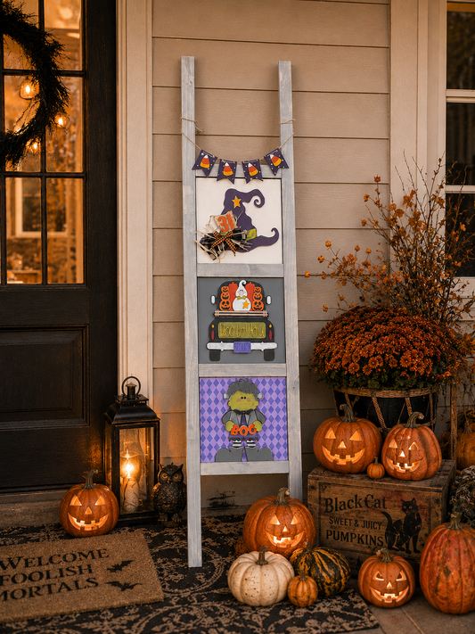 Halloween Porch Decor Ladder Look: grey 5-foot interchangeable porch ladder with Witch's Hat, Boo To You Truck, and Frankie tiles and a candy corn ladder wrap on a front porch | Millie & Co.