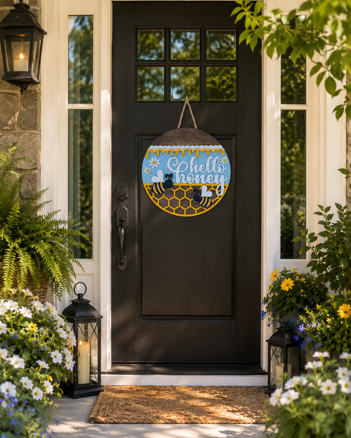 Hand-painted Hello Honey door round with bee and honeycomb design hanging on a dark front door