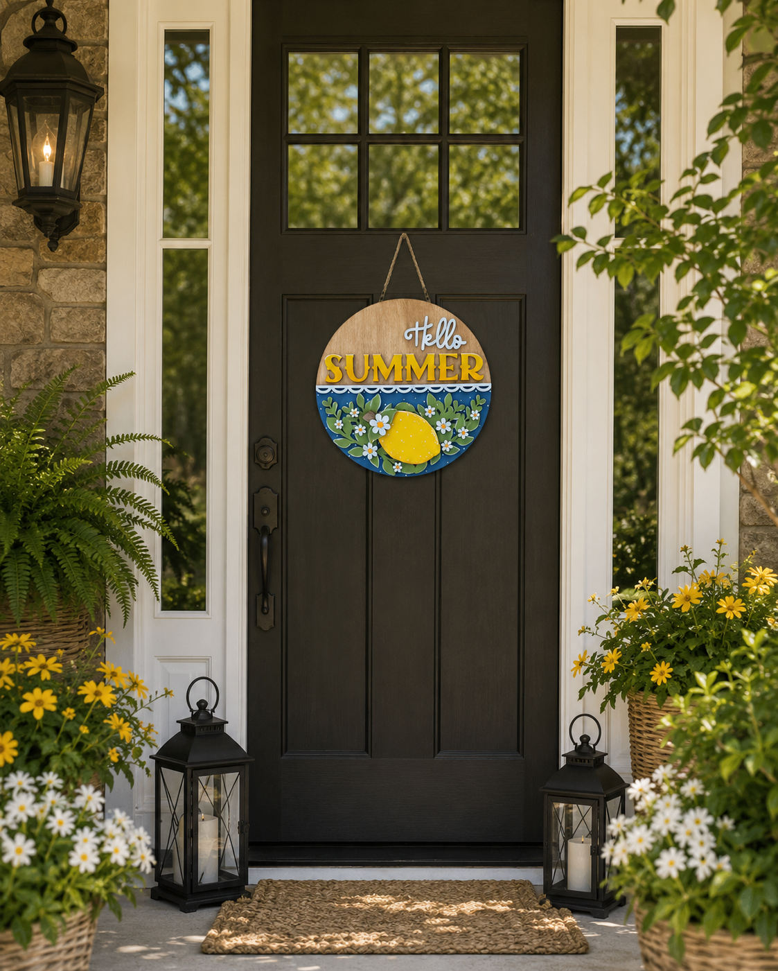 Hello Summer door round hanging on a dark front door between potted flowers and lanterns