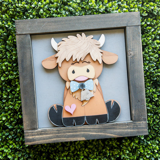 Interchangeable porch decor tile of a Highland cow with a bow tie and cowbell on grey | Millie & Co.