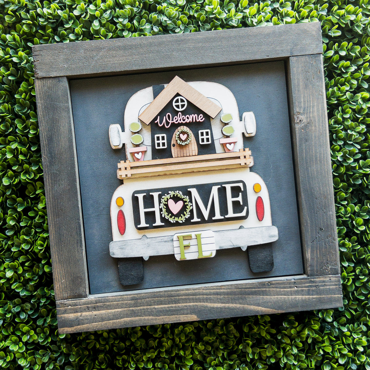 Interchangeable porch decor tile of a vintage truck carrying a Welcome cottage with Home on the tailgate | Millie & Co.