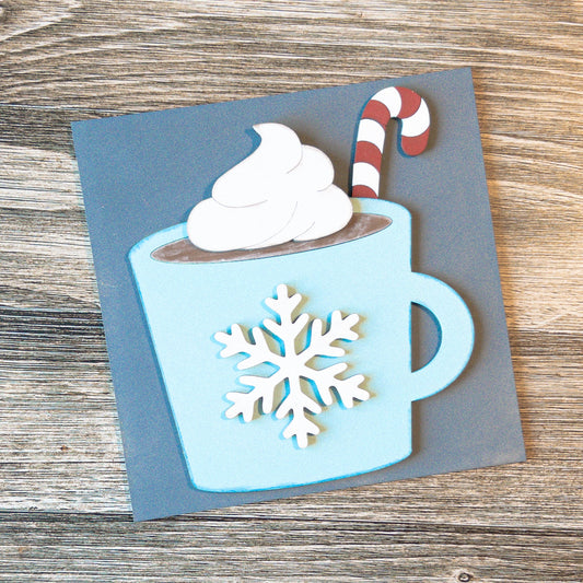 hand-painted interchangeable winter tile featuring a hot cocoa mug with peppermint - Millie & Co.