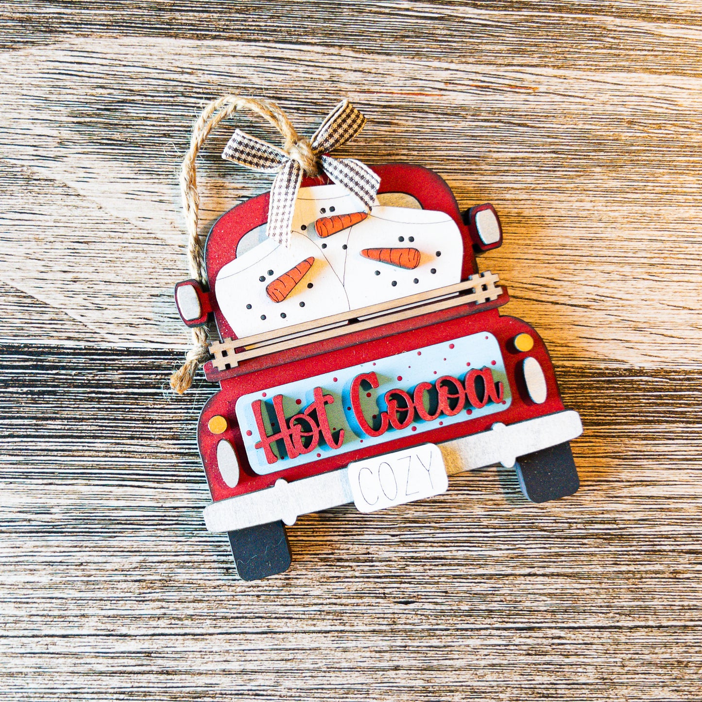 hand-painted hot cocoa truck ornament with marshmallow snowmen - Millie & Co.