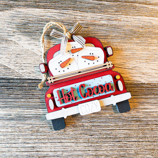hand-painted hot cocoa truck ornament with marshmallow snowmen - Millie & Co.