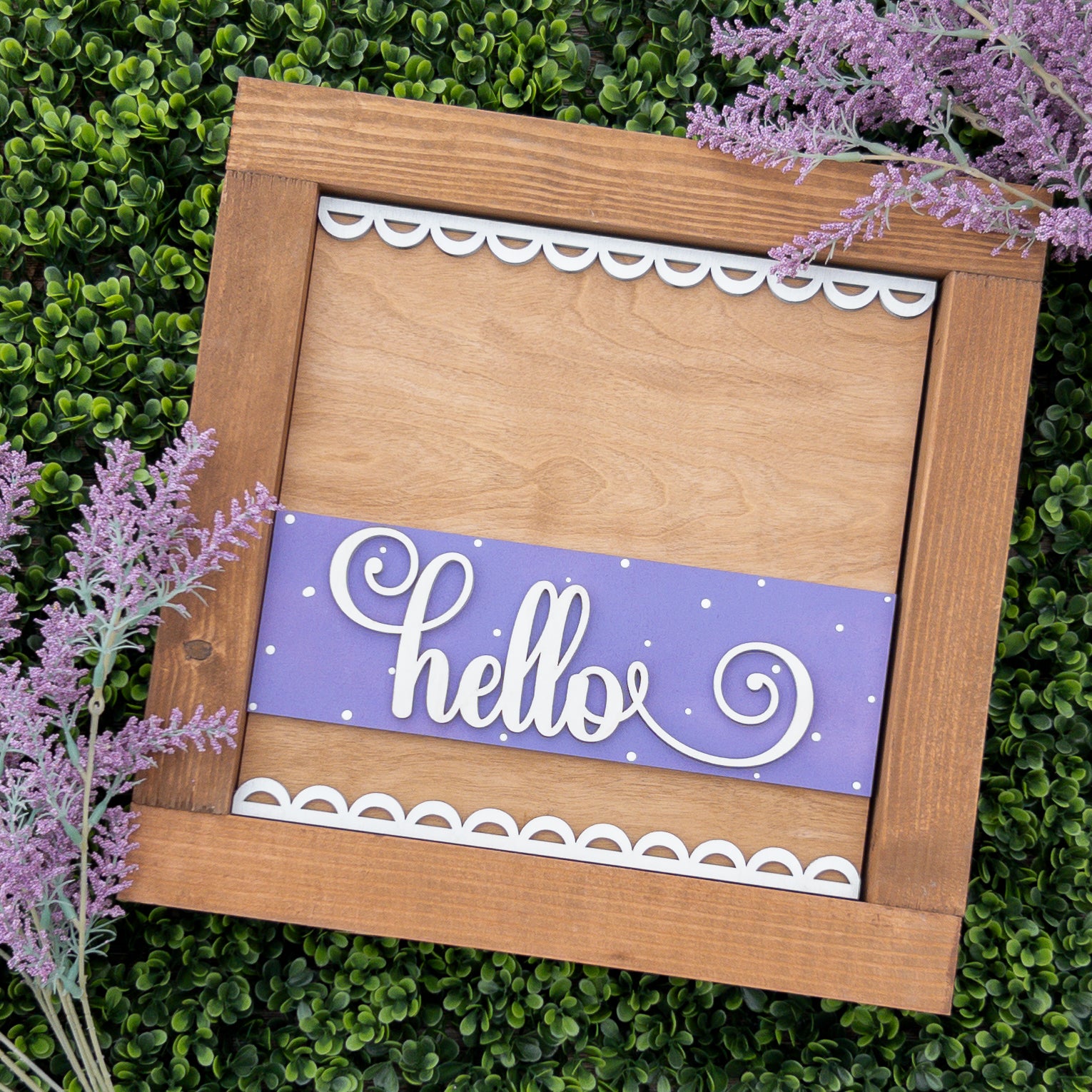 Seasonal porch decor tile with lavender Hello script lettering — Millie & Co.