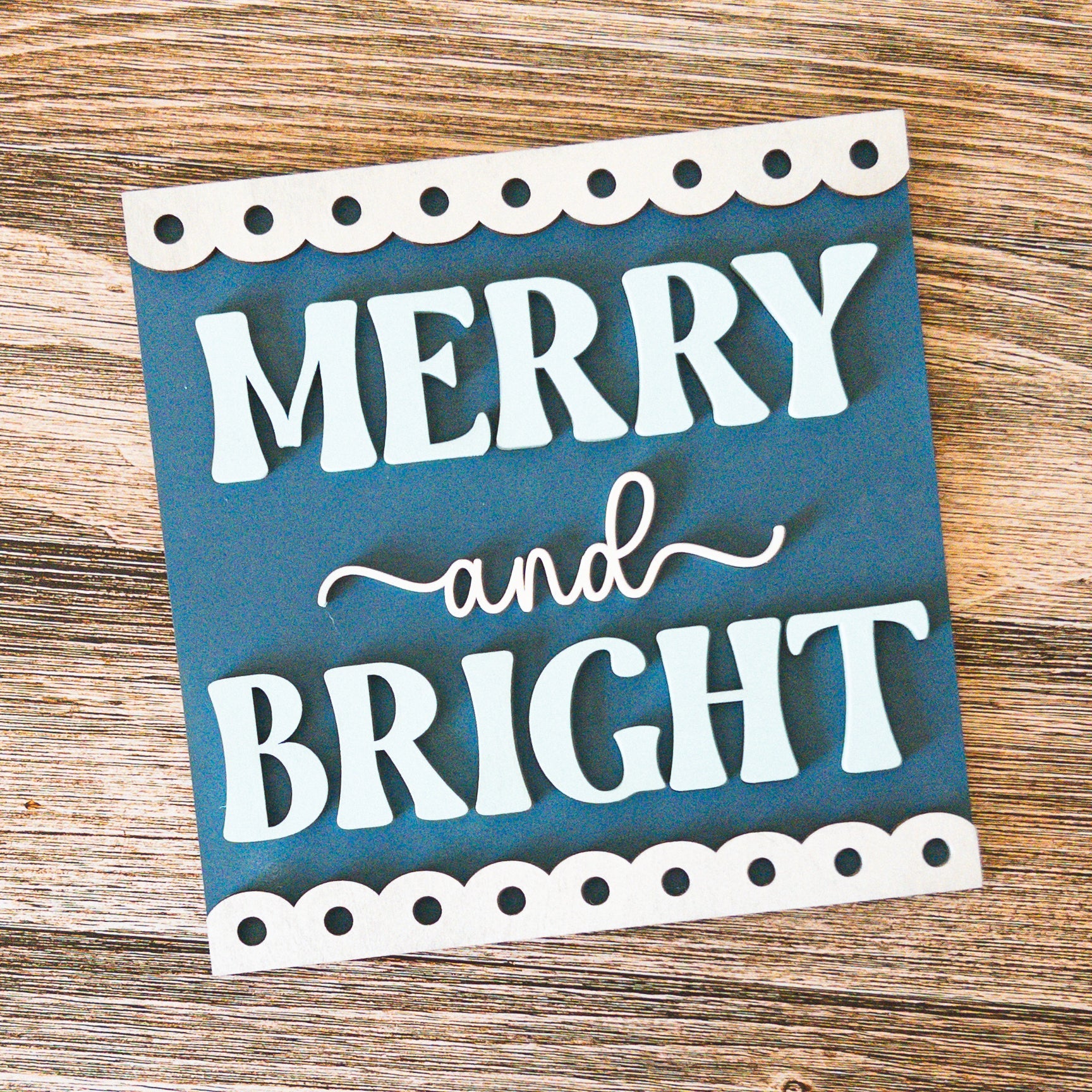 hand-painted interchangeable Christmas tile with farmhouse Merry and Bright lettering - Millie & Co.