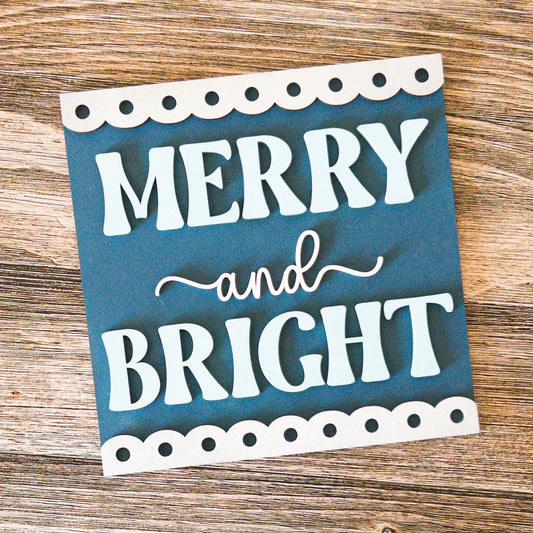 hand-painted interchangeable Christmas tile with farmhouse Merry and Bright lettering - Millie & Co.