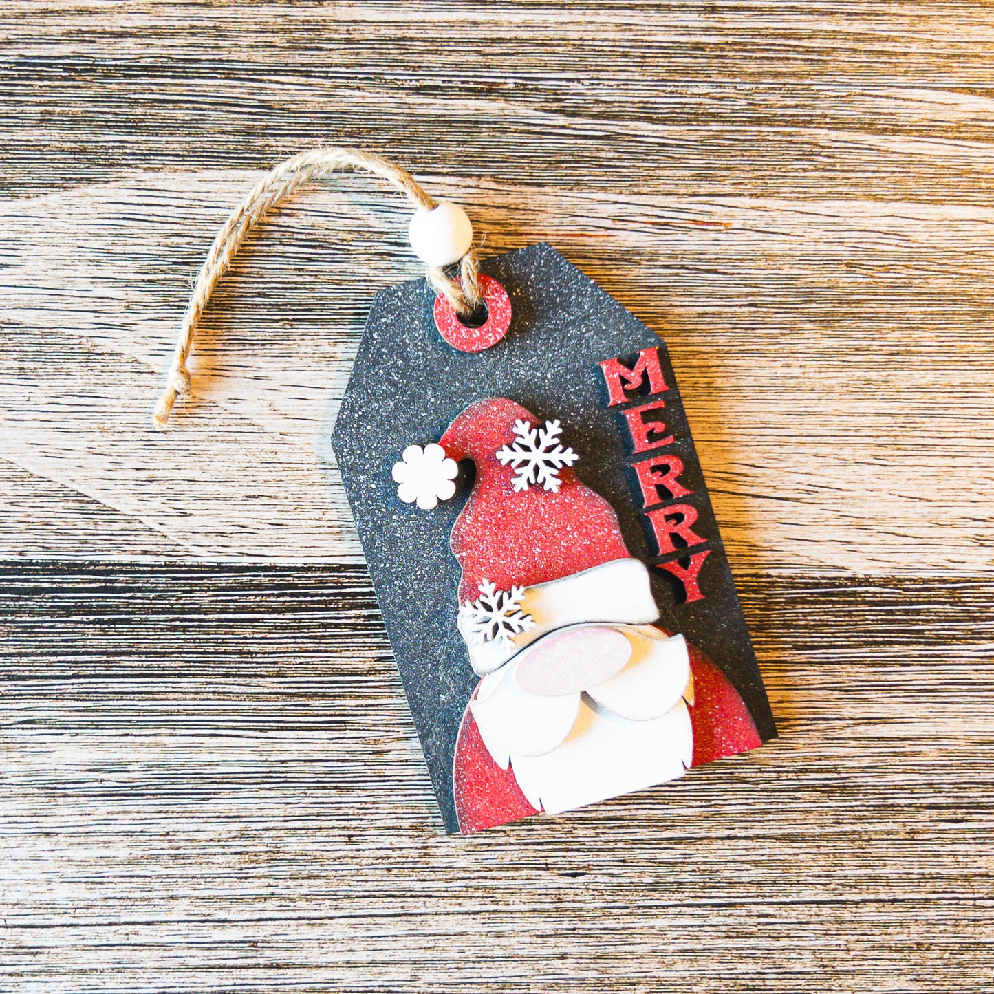 hand-painted Merry Gnome tag ornament with snowflake beard detail - Millie & Co.