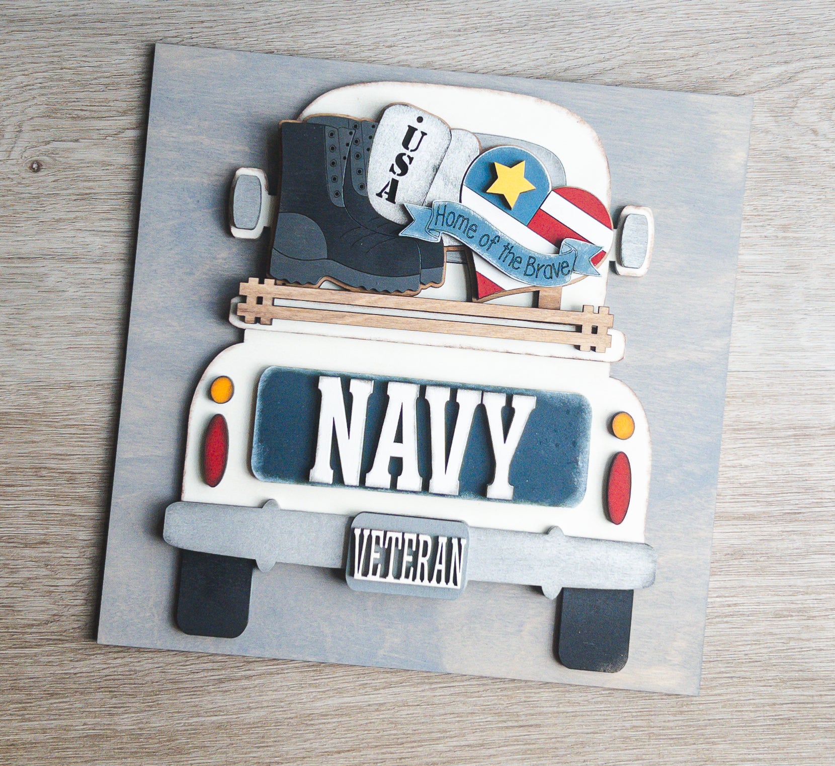 Patriotic porch decor tile of a Navy military truck in deep navy and white — Millie & Co.