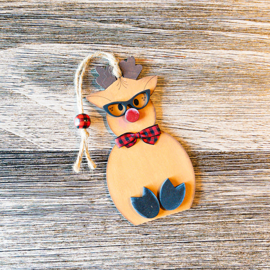 hand-painted reindeer ornament with sunglasses and buffalo check bowtie - Millie & Co.