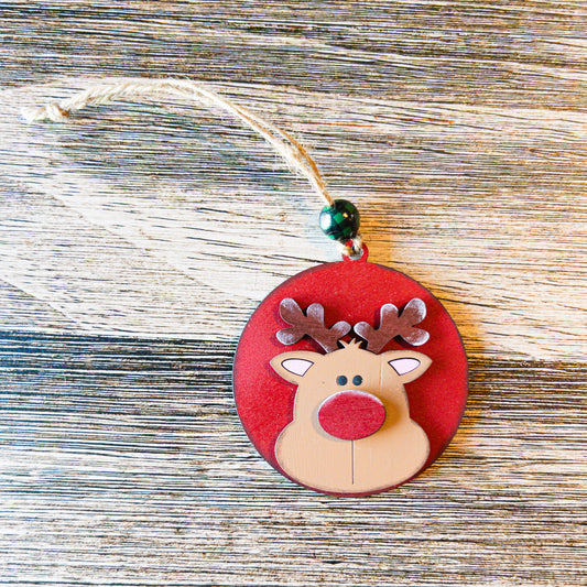 hand-painted round Rudolph ornament with red nose - Millie & Co.