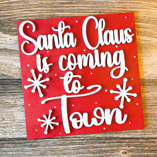 hand-painted interchangeable Christmas tile with red Santa Claus Is Coming to Town lettering - Millie & Co.