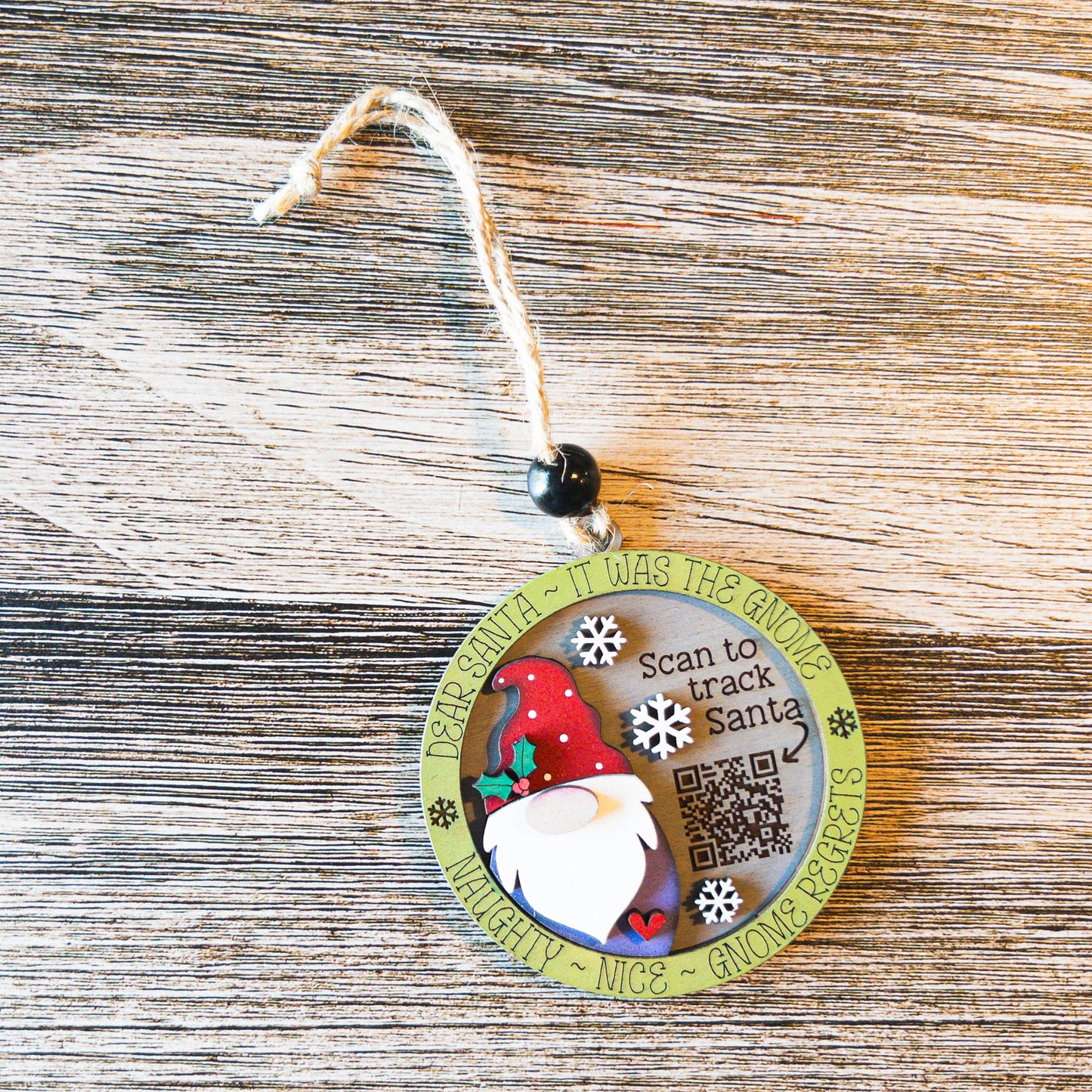 hand-painted Santa gnome tracker ornament with QR code detail - Millie & Co.
