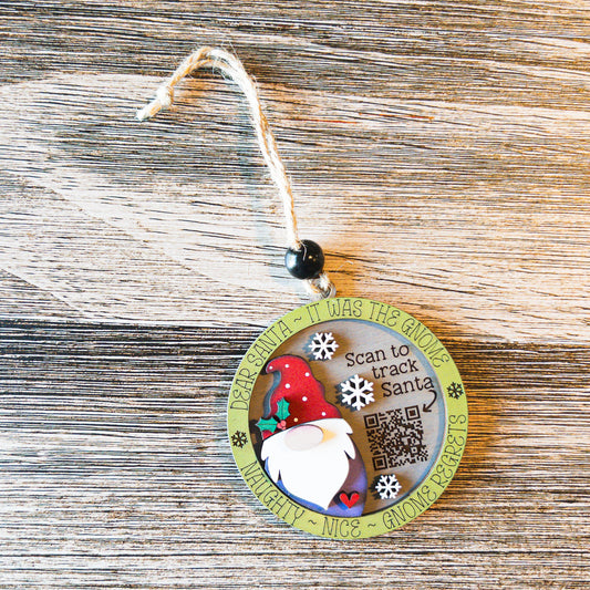 hand-painted Santa gnome tracker ornament with QR code detail - Millie & Co.