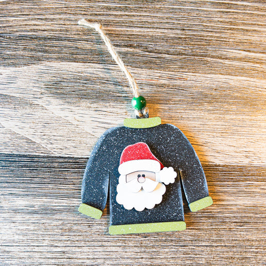 hand-painted black and green Santa sweater ornament - Millie & Co.