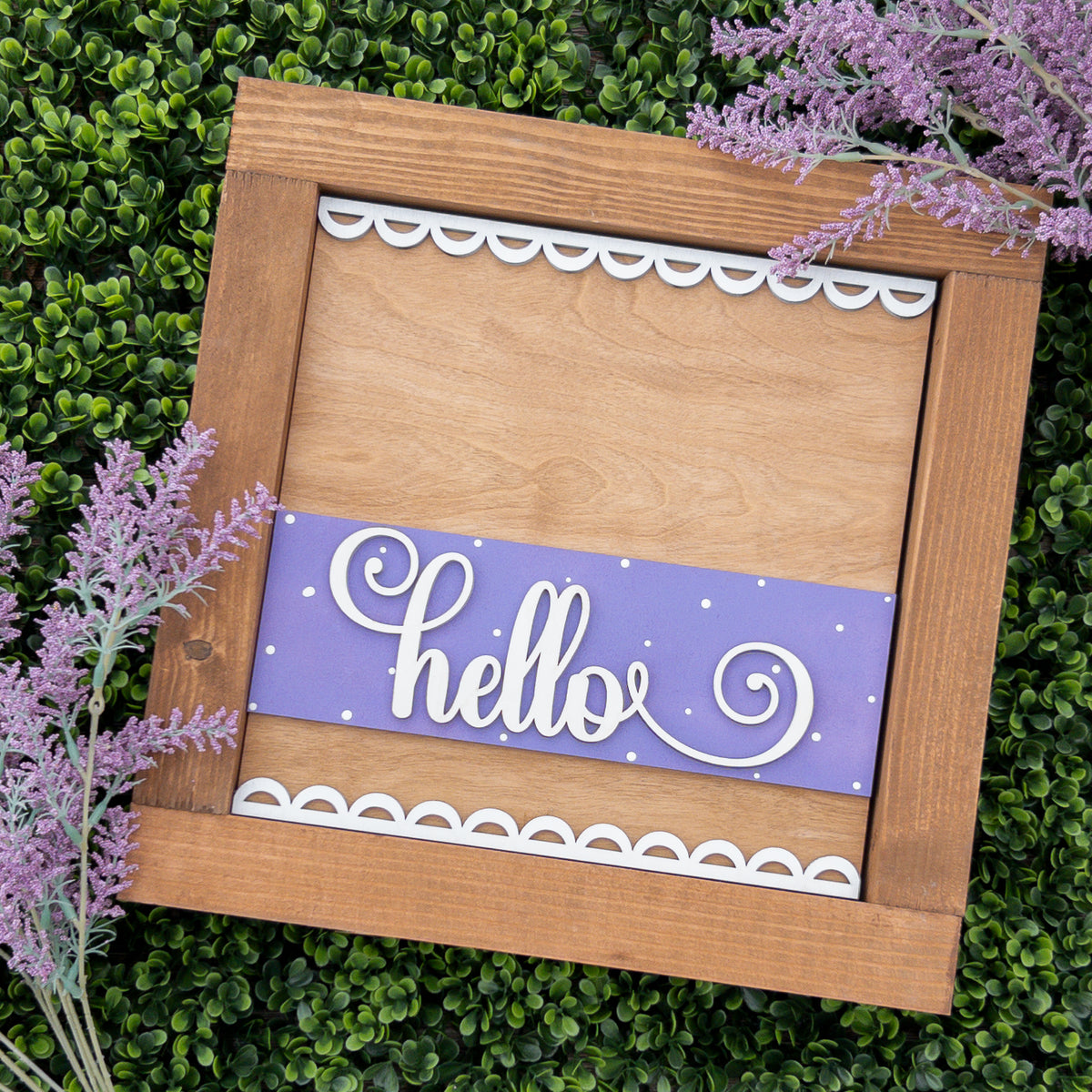 Spring porch decor tile with cursive hello script on lavender with white polka dots, Millie & Co.
