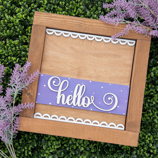 Spring porch decor tile with cursive hello script on lavender with white polka dots, Millie & Co.