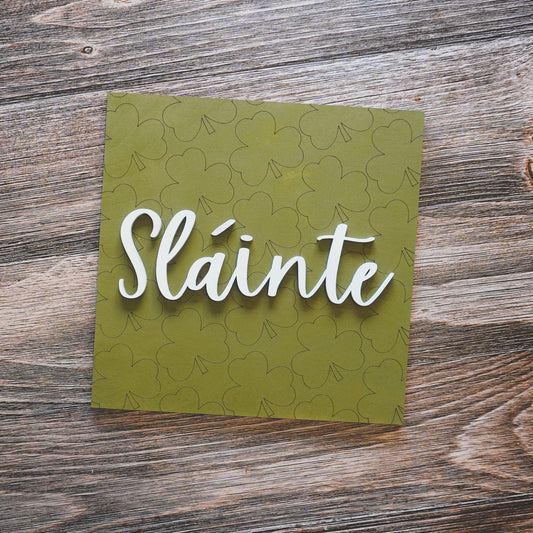 hand-painted interchangeable St. Patrick's tile with olive green Slainte lettering - Millie & Co.